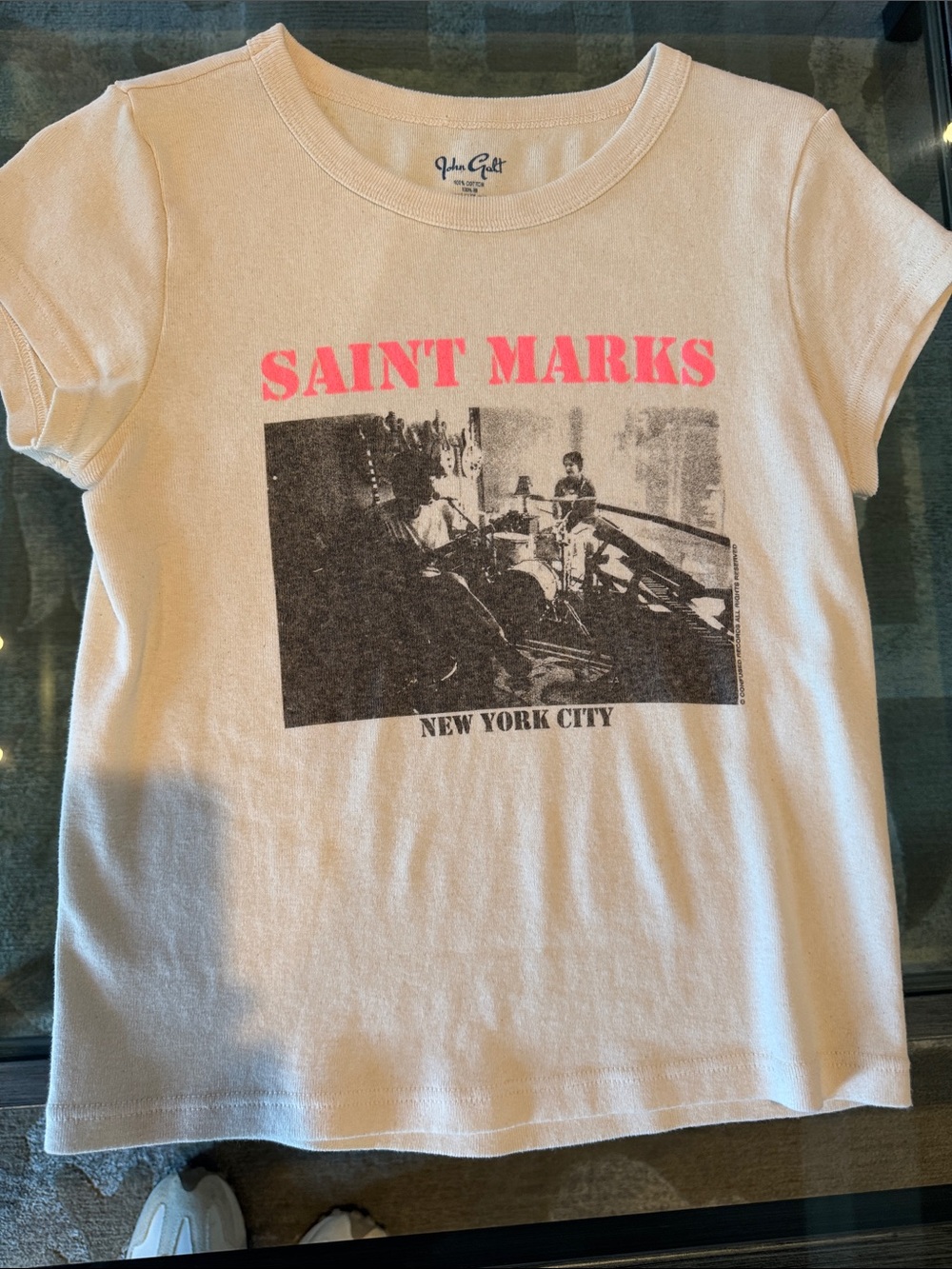 Brandy Melville Cream Tee with Neon Pink 'Saint Marks' Print